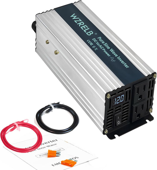WZRELB 1000W Pure Sine Wave Inverter 12V DC to 110V 120V AC,Car Power Inverter with Dual AC Outlets, LED Display,Off-Grid Portable Power Converter for Home, RV, Truck, Camping