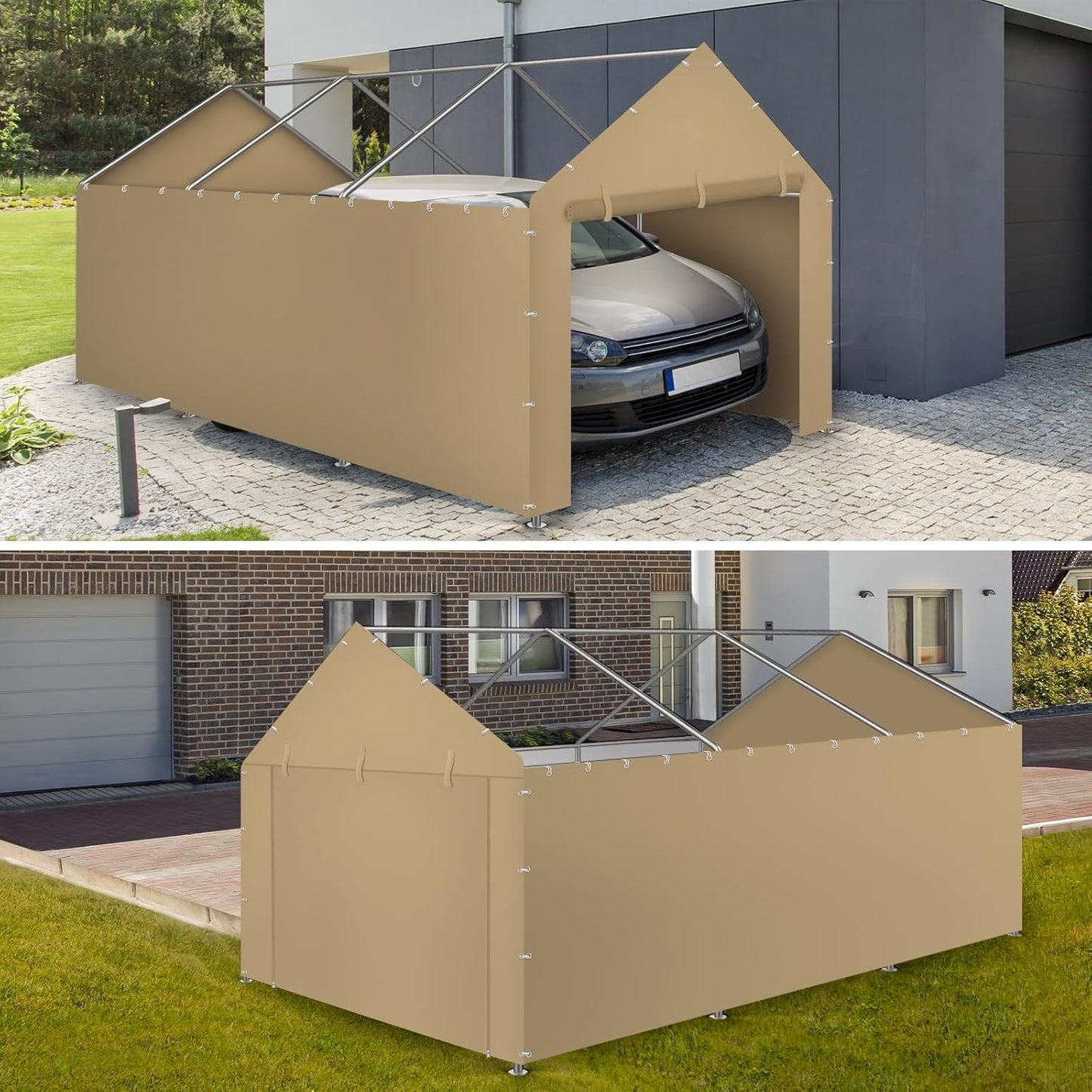 Carport Replacement Tarp Canopy, Sidewall Panel with Elastic Ball Bungees, for 10x20 FT or 12x20 FT Garage Party Tent Shelter - Beige, One Sidewall Panel Only
