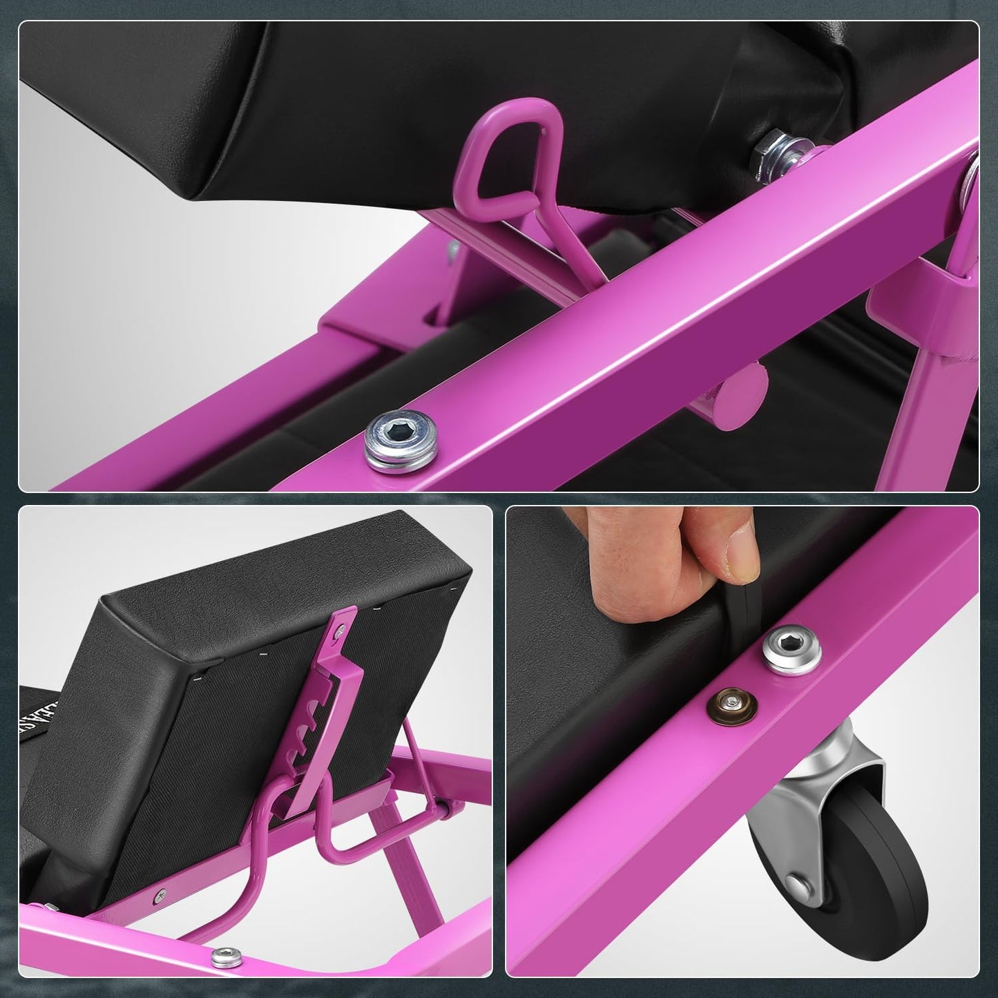 DNA MOTORING 48" 2 IN 1 Folding Rolling Garage Shop Creeper Roller Seat, 7 Pcs 2" Casters, 350 Lbs Weight Capacity, Purple, TOOLS-00193-PR