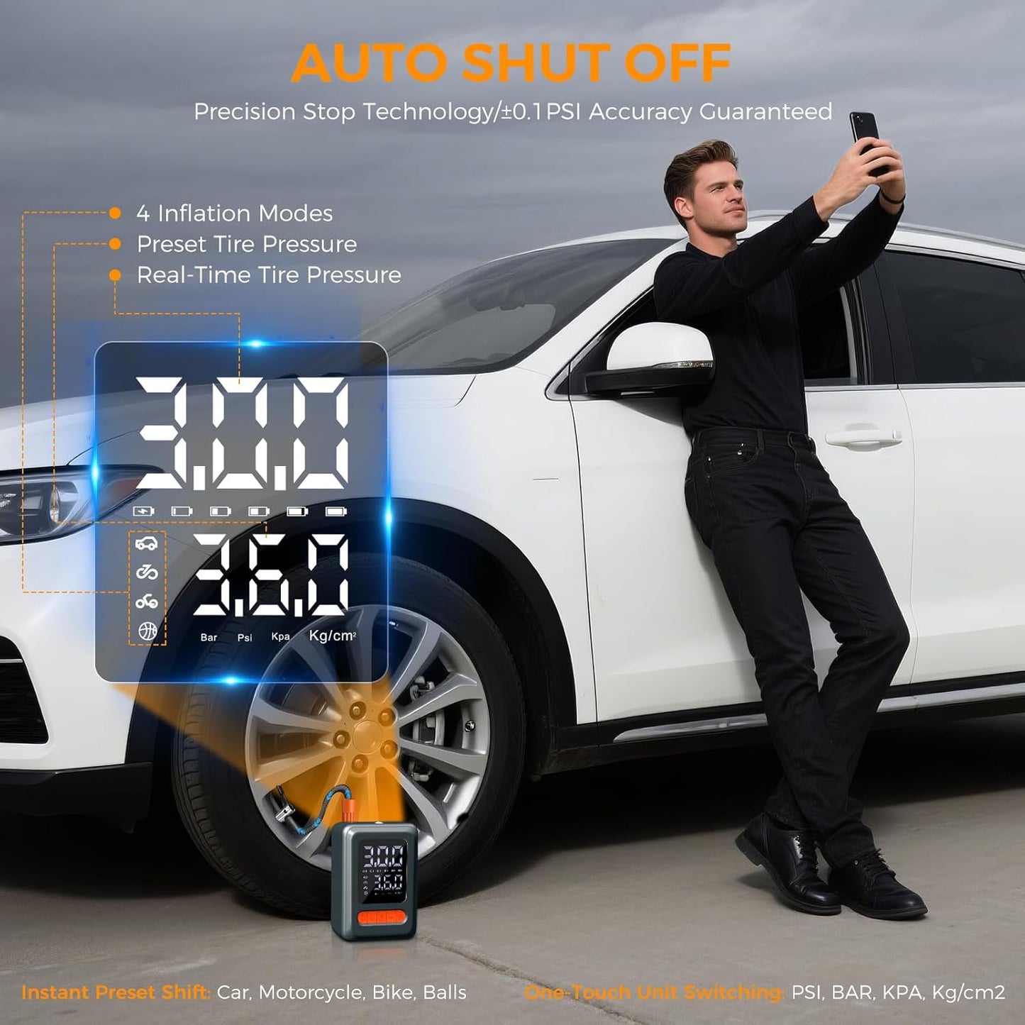 Tire Inflator Portable Air Compressor, 150 PSI Cordless Mini Bike Tire Pump, Air Pump for Auto, Motorcycle, Bicycle, Balls with Pressure Gauge&LED Light, Grey, Medium