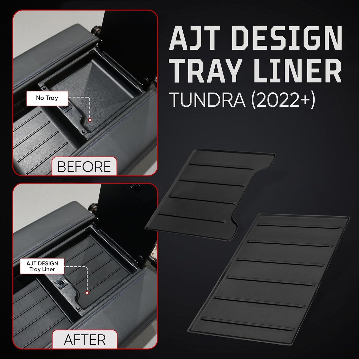 AJT DESIGN Center Console Organizer Tray Liner Compatible with 2022+ Toyota Tundra Platinum, 1794, TRD PRO, Capstone | Fits 2023+ Sequoia | Anti-Slip Mat for Car Console Organizer Tray | 2-Piece Black