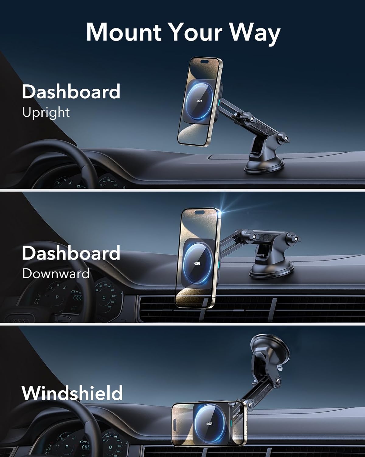 ESR for MagSafe Car Mount Charger, for Magsafe Car Charger, Dashboard/Windshield Magnetic Wireless Phone Charging, 360° Rotation, Magnetic Car Phone Holder for iPhone 16/15/14/13/12, S25,Fast Charging