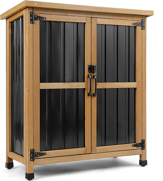 Weatherproof Outdoor Storage Cabinet with Lockable Doors, Wood & Metal Garden Storage Shed Patio Storage Box for Tools & Lawn Equipment, Pool Accessories
