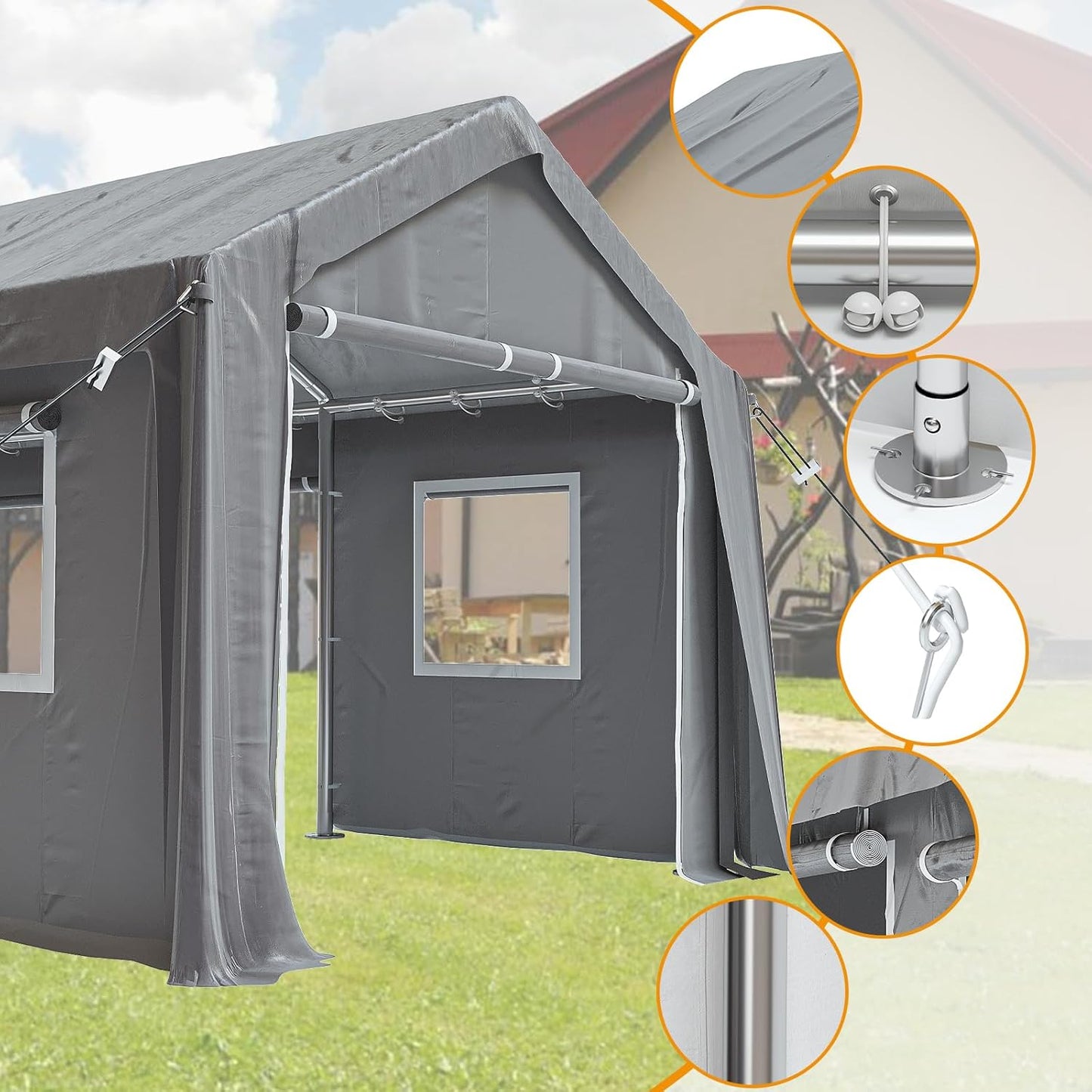 13x20ft Heavy Duty Carport Outdoor Canopy Portable Garage with 4 Doors & 4 Windows Waterproof UV Resistant Storage Shelter with Removable Sidewalls for Car Truck Boat, Gray