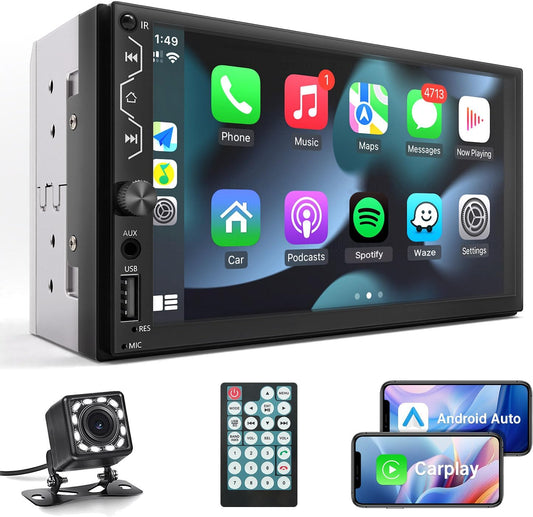 Leadfan Double Din Car Stereo with Apple Carplay and Android Auto,7 Inch Full HD Touchscreen Car Radio Bluetooth, Car Stereo with Backup Camera,Support Mirror Link,Steering Wheel，USB/AUX/Subwoofer