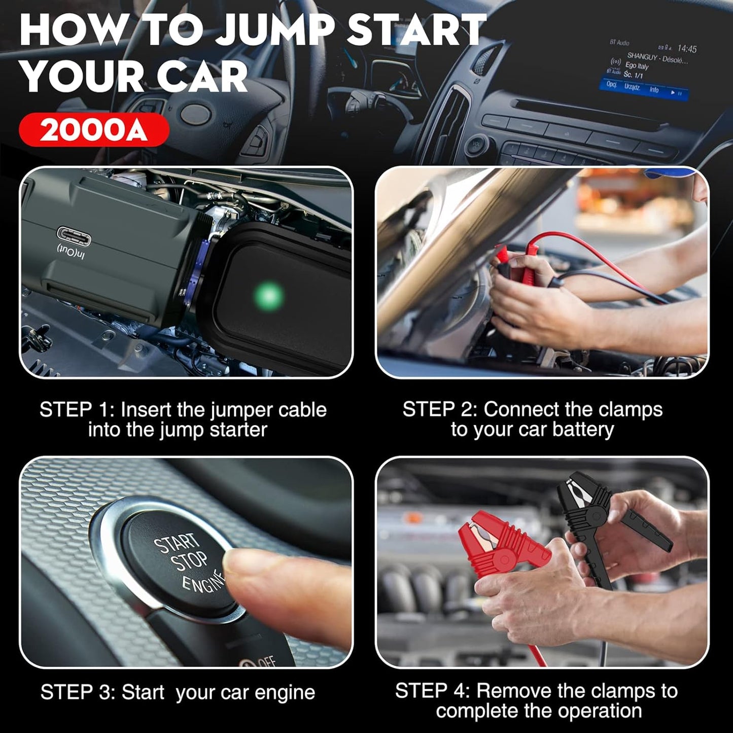 NEXPOW 2000A Peak Car Battery Jump Starter with USB Quick Charge 3.0 (Up to 7.0L Gas or 6.5L Diesel Engine), 12V Portable Battery Starter, Battery Booster with Built-in LED Light