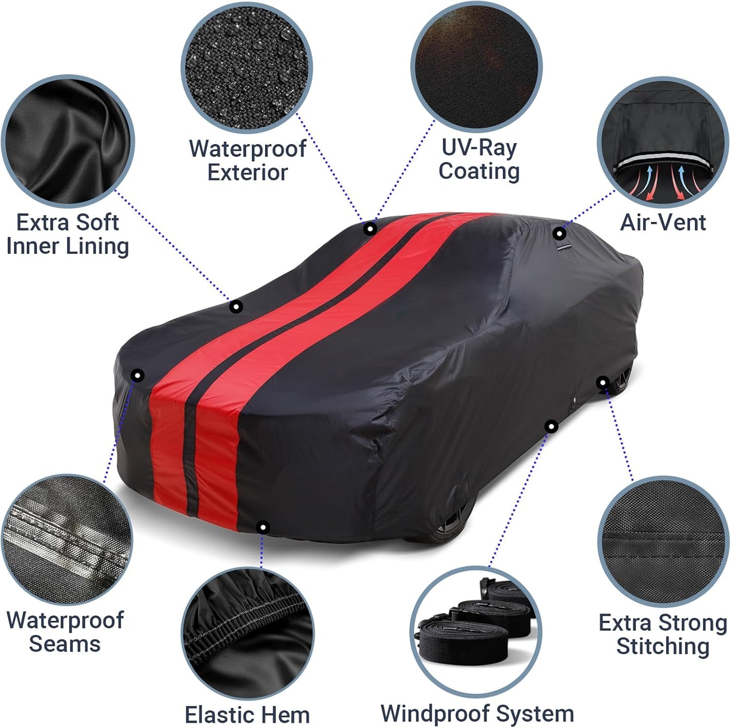 iCarCover Custom Car Cover for Pontiac Silver Streak (1946-1948) Waterproof All-Weather Rain Snow UV Sun Protector Full Exterior Indoor Outdoor Car Cover (Stripe - Black/Red)