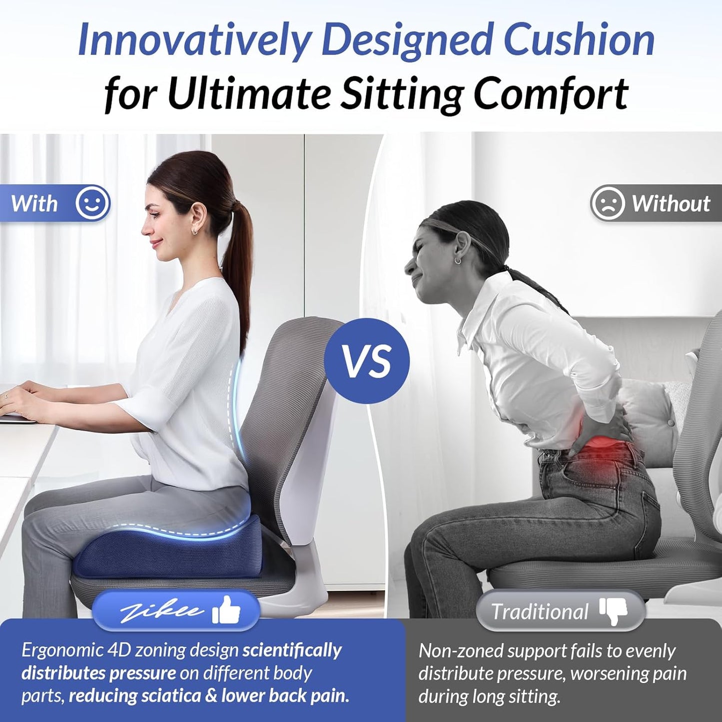 ZIKEE Car Seat Cushion for Driving with Cooling Gel, Ergonomic Memory Foam Seat Cushion for Car Provides Sciatica, Back, Tailbone Pain Relief and Intimate Ventilation, Anti-Slip & Breathable Cover