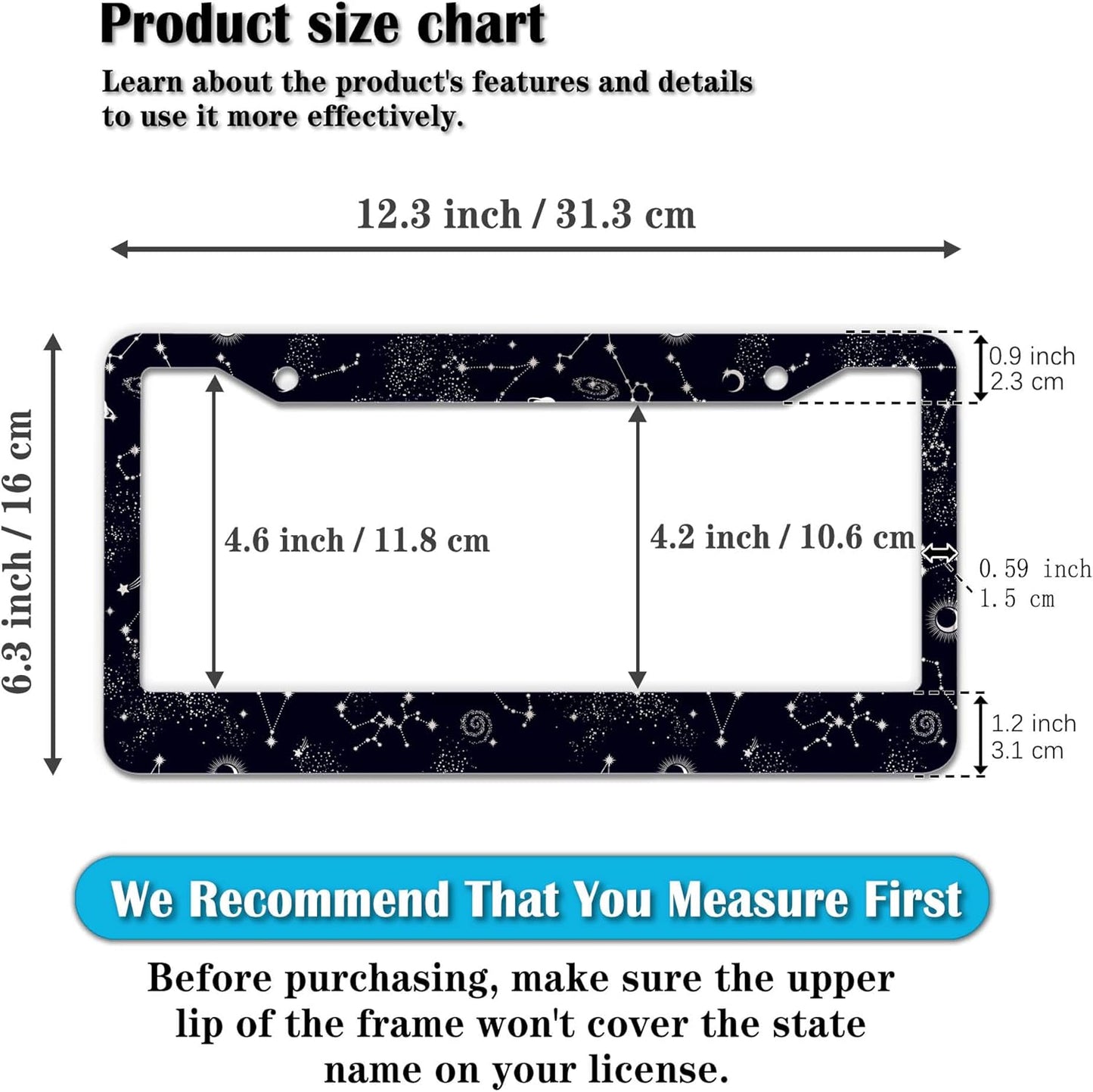 License Plate Frames Black and White License Plate Holder Galaxy Moon and Stars Starry Sky Planets Aluminum Metal Car Accessory 2 Pack with Screw Covers Set