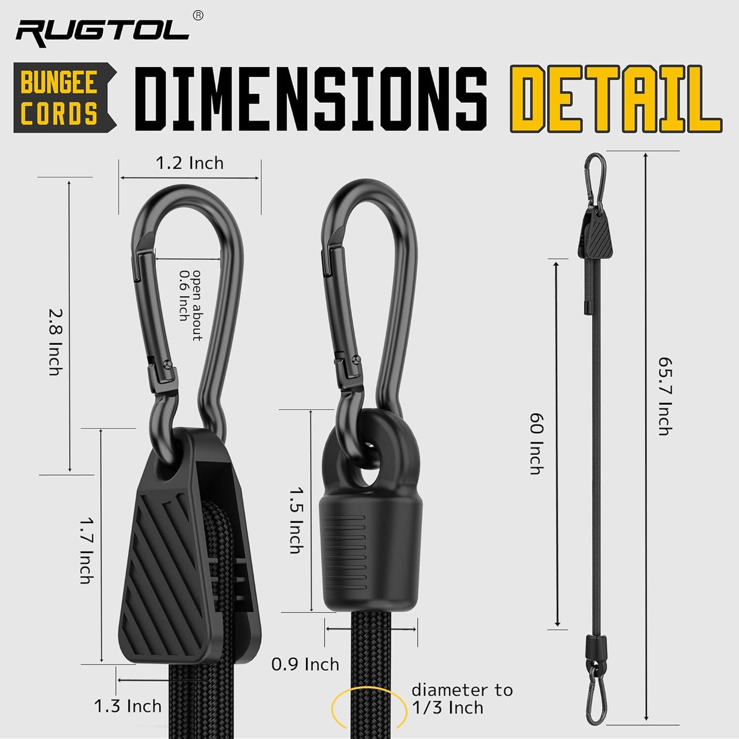 Bungee Cords with Hooks, 60 Inch Adjustable Elastic Bungee Cords with Carabiner Hooks, Easy to Adjust Bungee Rope UV Resistant for Truck Bed, SUV Trunk, Car, Bike Rack, Trash Can, Moving, Plants