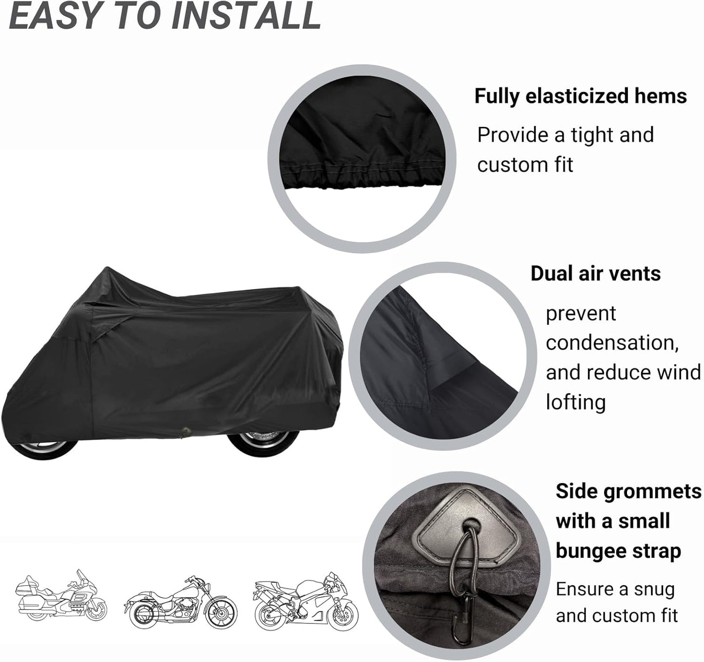 Deluxe Motorcycle Cover, Waterproof All Weather Outdoor Protection Universal Motorcycle Cover, Fade & Tear Proof Polyester fits Motorbike up to 110" L
