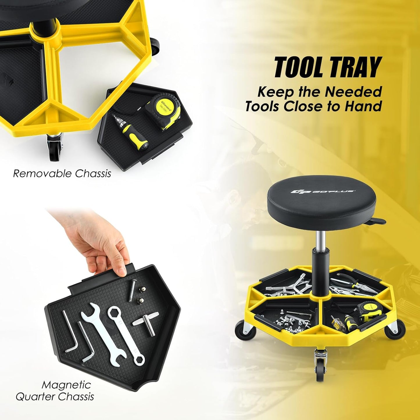 Goplus Mechanic Stool, Rolling Garage Chair with 16”-22” Adjustable Height, Removable Magnetic Tool Tray, 2” Thick Padded Cushion, Universal Wheels, 330LBS, Roller Creeper Seat (Yellow & Black)