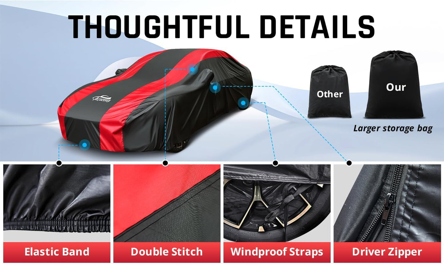 Extra Large Car Covers Waterproof for All Weather Protection with Red Stripe Design, Car Cover for Automobiles Universal Fit Cadillac Deville, Lincoln Continental Town, Ford Crown Victoria