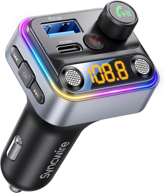 Syncwire Bluetooth 5.4 FM Transmitter Car Adapter 42W [Light Switch] [Stronger Dual-mic] [HiFi Bass Sound] [Fast Charging] Wireless FM Radio Music Adapter Hands-Free Calling Support USB Drive, Silver
