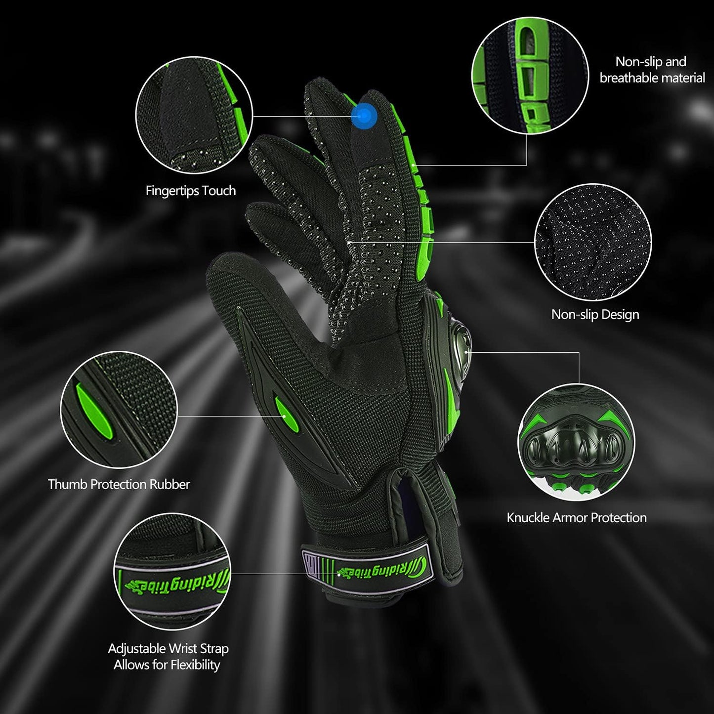 Motorcycle Gloves for Men and Women Full Finger Touchscreen Mountain Dirt Bike Gloves for Powersports BMX ATV MTB Driving Motocross Cycling Gloves(XXL, Green)