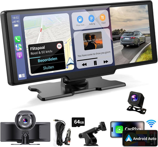 Wireless Portable Carplay Screen for Car - 10.26Inch Carplay & Android Auto Car Touch Stereo, with 4K Dash Cam, Backup Camera,Bluetooth,GPS Navigation