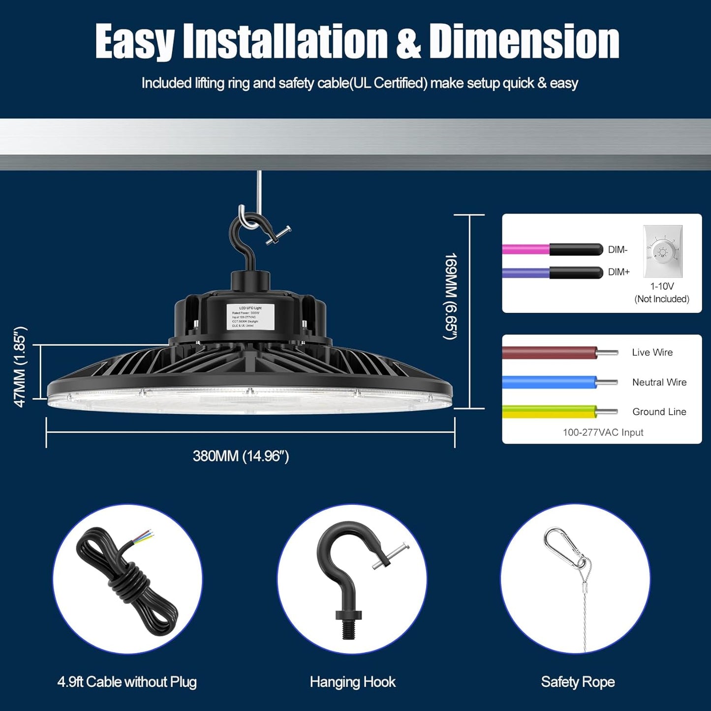 BBESTLED 3 Pack 300W LED High Bay Light, UL Listed UFO High Bay Lights Dimmable 0-10V, 42000LM, 5000K Low Bay LED Shop Light Fixture, IP65 Commercial Warehouse Area Lighting, 100-277VAC Input