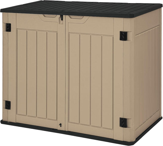 DWVO 47 cu ft Spacious Horizontal Storage Unit, Outdoor Resin Tool Locker Without Shelf, Waterproof Lockable Container with Base for Gardening, Waste Bins, Grass Cutter, 4.5x2.8x3.9 ft, Brown