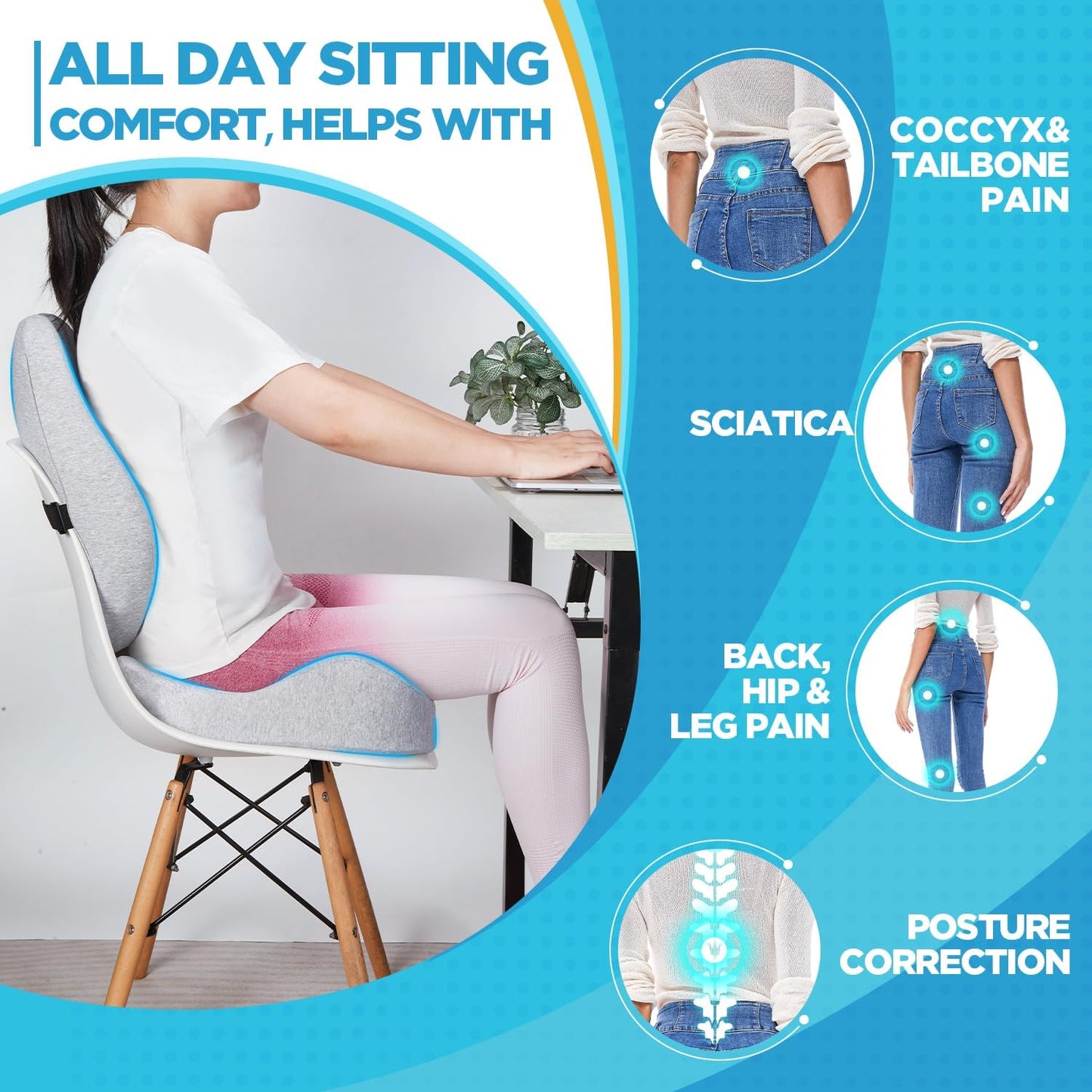 BEAUTRIP Seat Cushion & Lumbar Support Pillow for Office Chair, Car & Wheelchair - Ergonomic Coccyx Cushion for Tailbone, Sciatica & Back Pain Relief - Extra-Dense Charcoal Memory Foam Chair Cushions