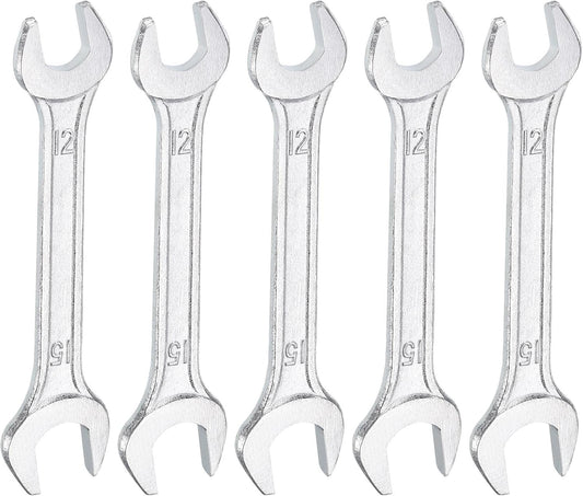 HARFINGTON 5pcs Double Open End Wrench 12mm x 15mm Metric 15 Degree Offset Angle Small Flat Head Wrench Galvanizing Open Ended Spanner for Automotive Repair Furniture Assembly