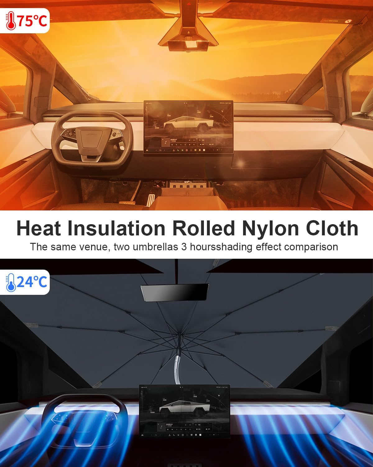 helloleiboo [2025 Upgrade] Car Windshield Sun Shade for Tesla Cybertruck-Foldable Windshield Sun Shade 64 * 58-Reflects UV Automotive Interior Sun Protection Easy to Use/Store
