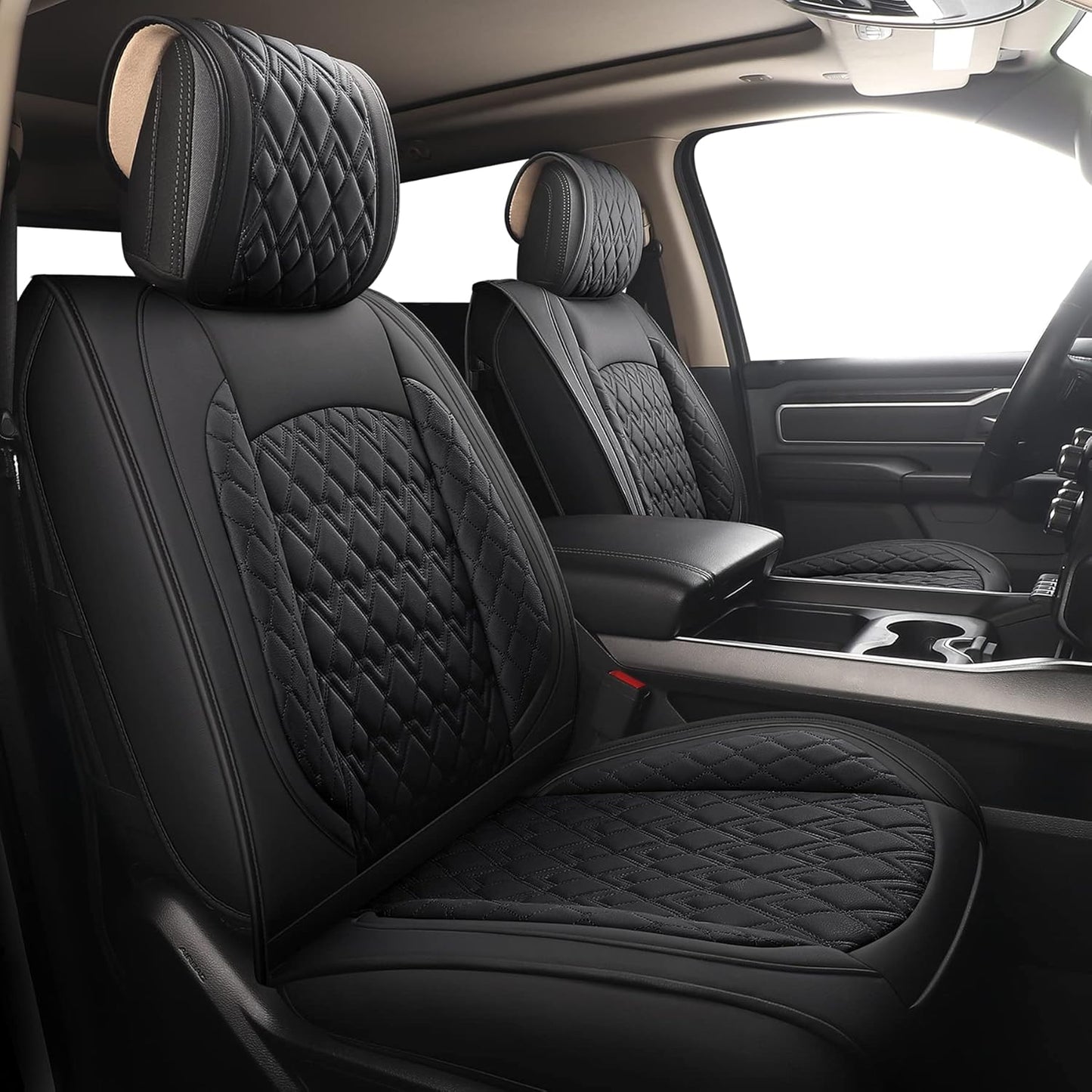JOJOBAY Car Seat Covers for Dodge Ram Full Set,Fit Ram 2009-2023 1500/2500/3500 Pick-up Truck,Crew,Regular,Quad,Mega Cab,Waterproof Leather Seat Covers Protectors（5 PCS Full Set,Black）