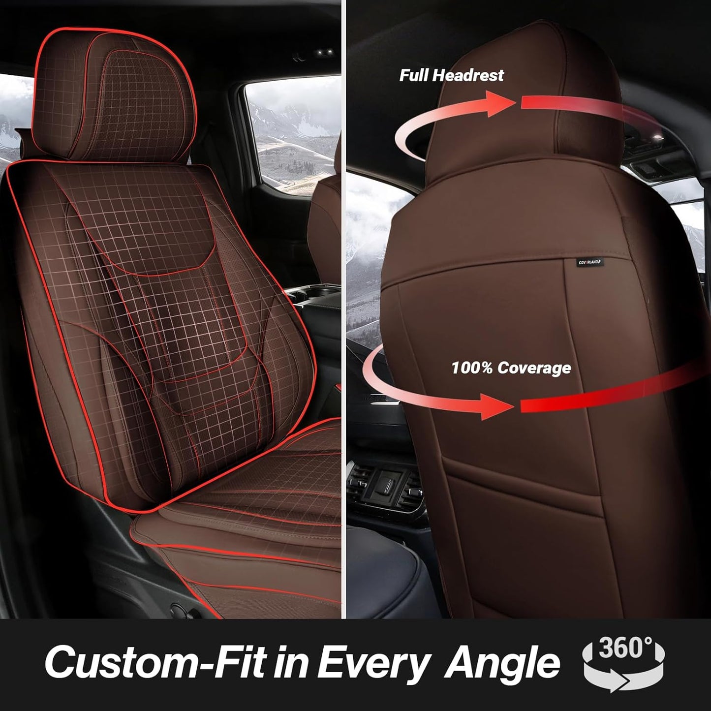 Coverland Custom Car Seat Covers Compatible with F150, Raptor, F250, F350 Super Duty - Premium Leather Non-Slip Memory Foam Waterproof Interior Protector Full Set-Dark Brown [See Size Chart-Size X110]