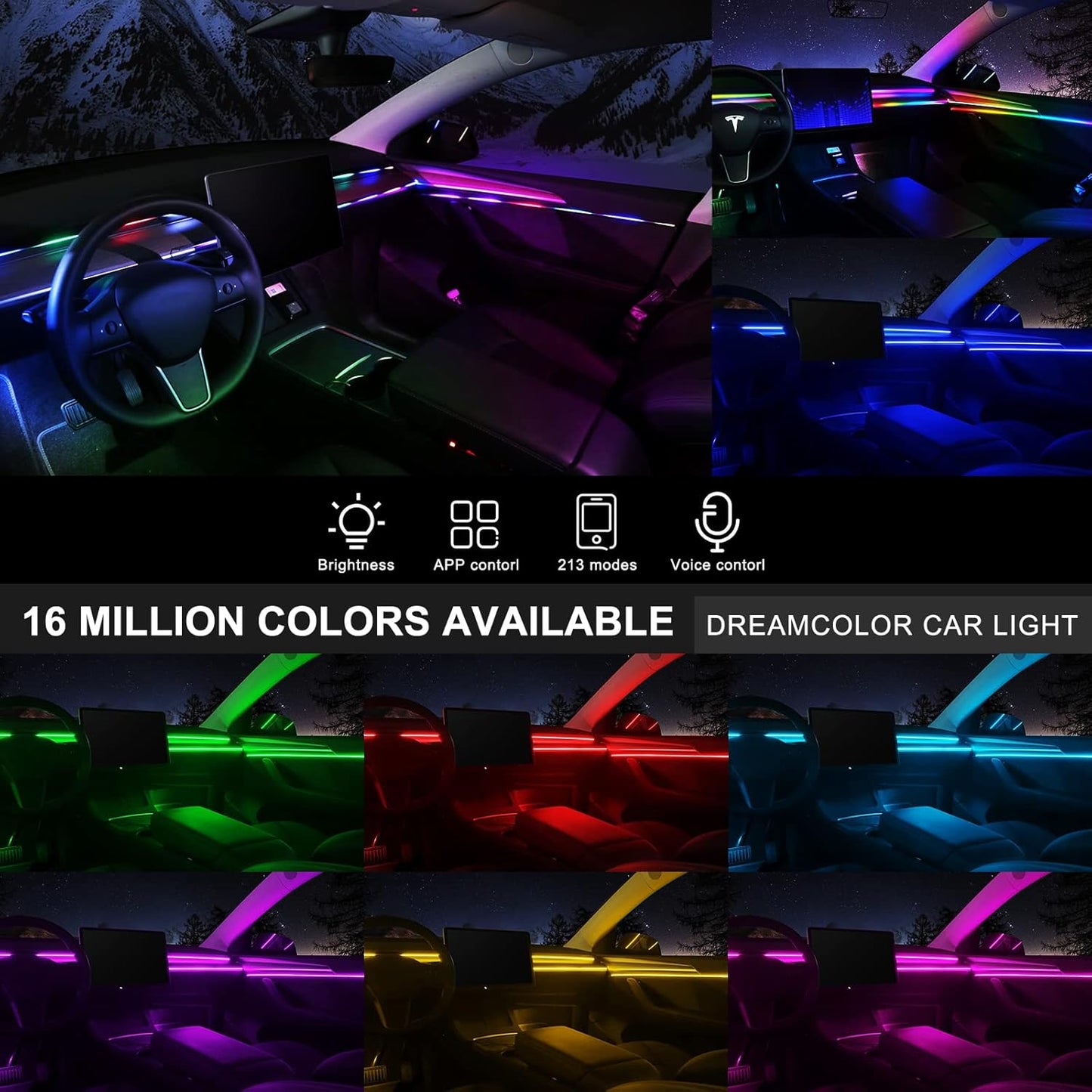 Acrylic Interior Car LED Strip Light with Wireless APP, RGB 22 in 1 with 175 inches 593 LEDs Fiber Optic Ambient Lighting Kits, 16 Million Colors Sound Active Function Car Neon Lights