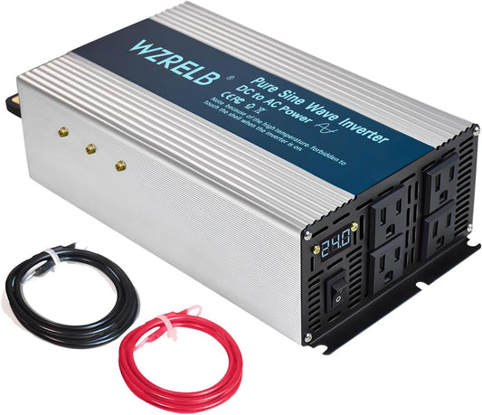 WZRELB 1800W Pure Sine Wave Inverter 24V DC to 110V 120V AC,Car Power Inverter with 4 AC Outlets, LED Display,Off-Grid Portable Power Converter for Home, RV, Truck, Camping
