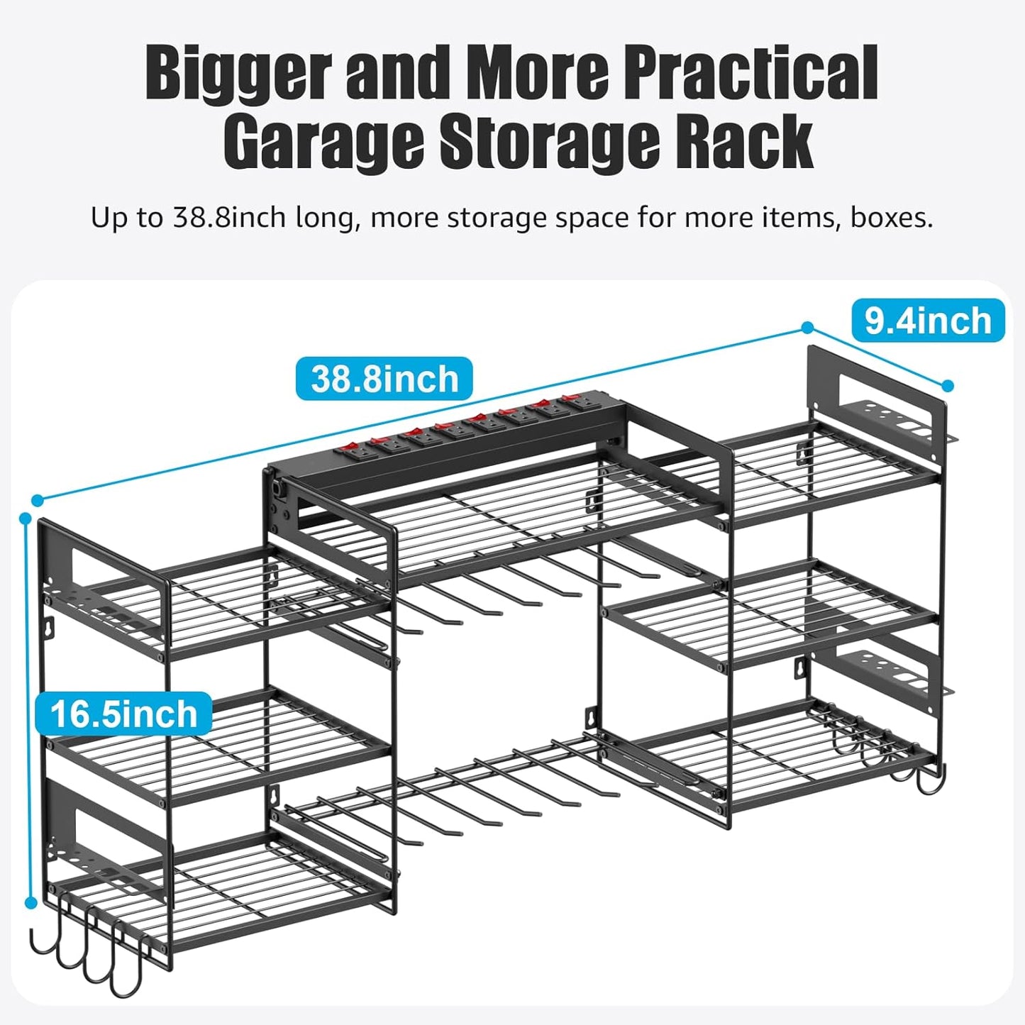 CCCEI Black Power Tool Organizer Wall Mount, Large Tools and Battery Storage Rack Charging Station Individual Switches. Drills Holder, Garage Utility Shelves with 6FT Power Strip. Gift for Men.