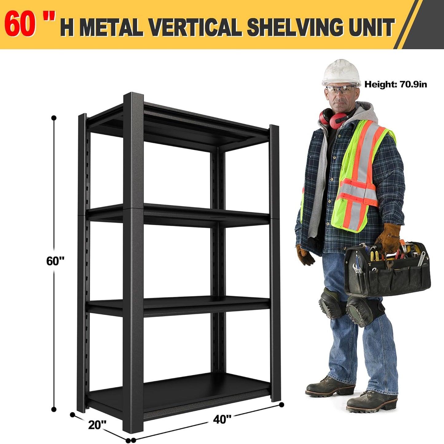 60" H x 40" W x 20" D 4-Tier Heavy Duty Garage Shelving Unit, 2000 LBS Capacity Metal Storage Rack,Adjustable Steel Shelves for Garage, Warehouse, Basement, Pantry, Workshop.2 Pack