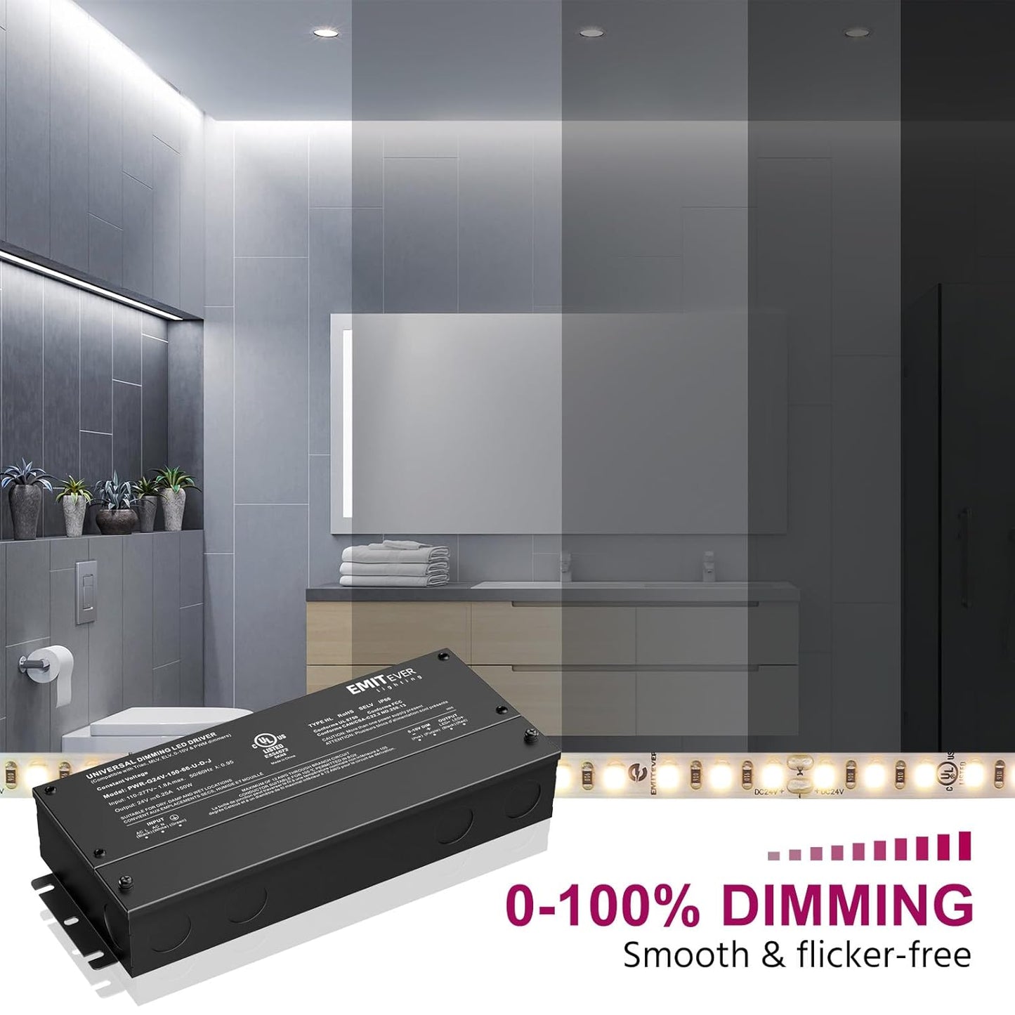 EMITEVER Dimmable Led Driver, 150W AC 110V-277V to DC 24V Transformer, 5-in-1 Dimming: ELV/MLV/TRIAC / 0-10V / 1-10V / 10V PWM/Potentiometer, Waterproof IP67 and UL Listed