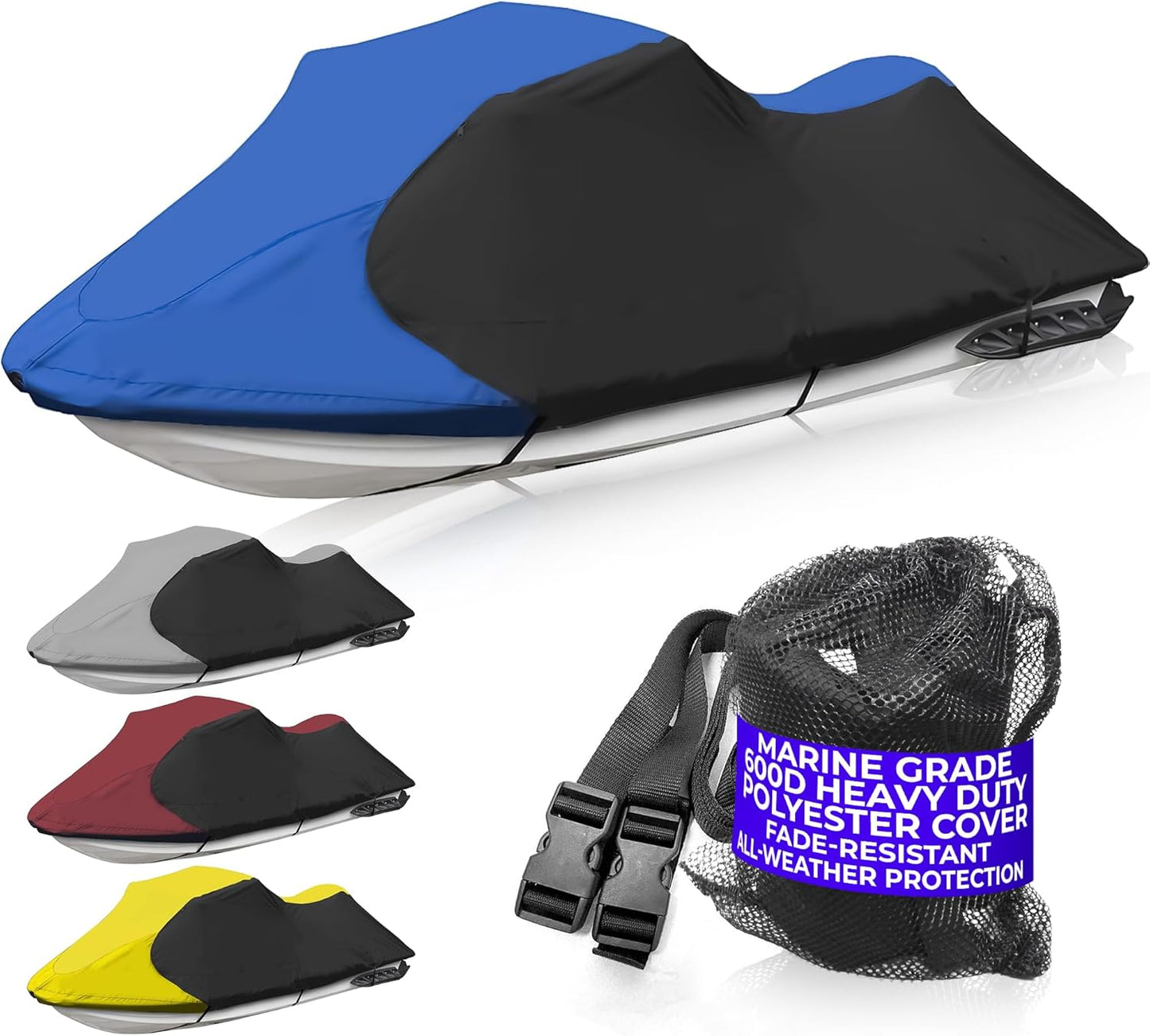 Trailerable Jet Ski Cover, Waterproof Marine Grade 600D Heavy Duty Polyester PWC Cover Blue/Black Color Fits from 96"-102" 1 Seater