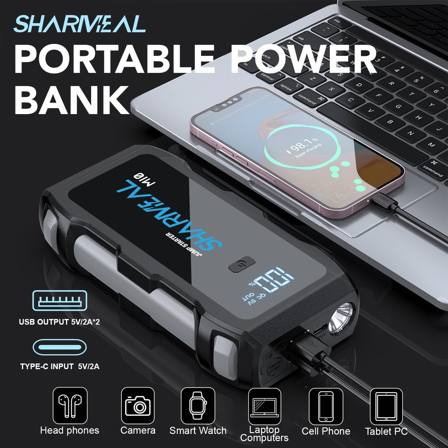 3000A Battery Capacity Jump Starter Power Pack with 3 Modes Flashlight and Jumper Cable