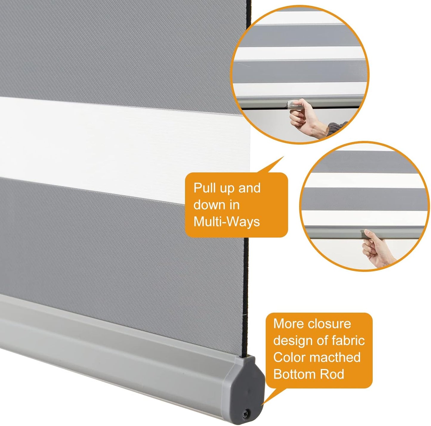 Persilux Cordless Zebra Blinds for Windows Free-Stop Roller Shades (33" W X 64" H, Grey) Dual Layer Light Cintrol for Day and Night, Light Filtering Sheer Shades for Home, Easy to Install