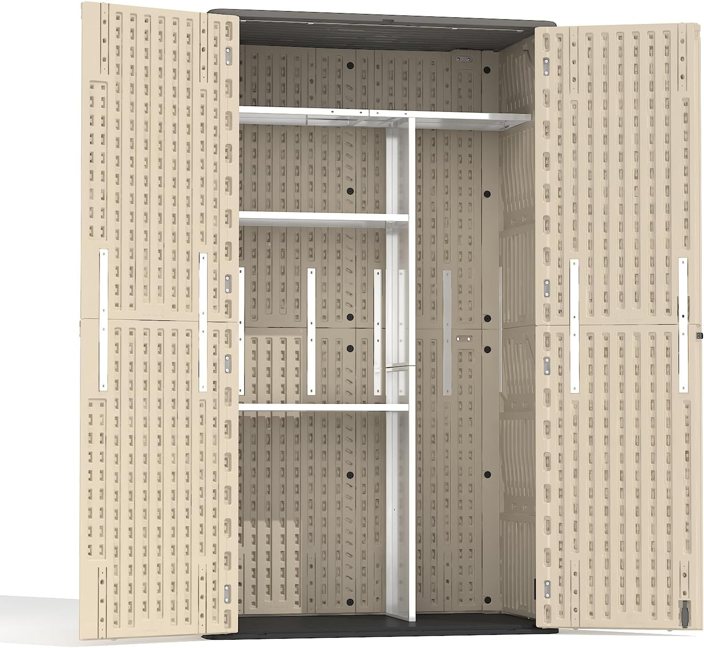 Vertical Storage Shed Shelf, Weatherproof Metal Shelf for 60 cuft Tool Cabinetwith Screw and Nuts Easy Assembly, Ideal for Outdoor Use, 45.6''L×13.2''W×69.9''H, White