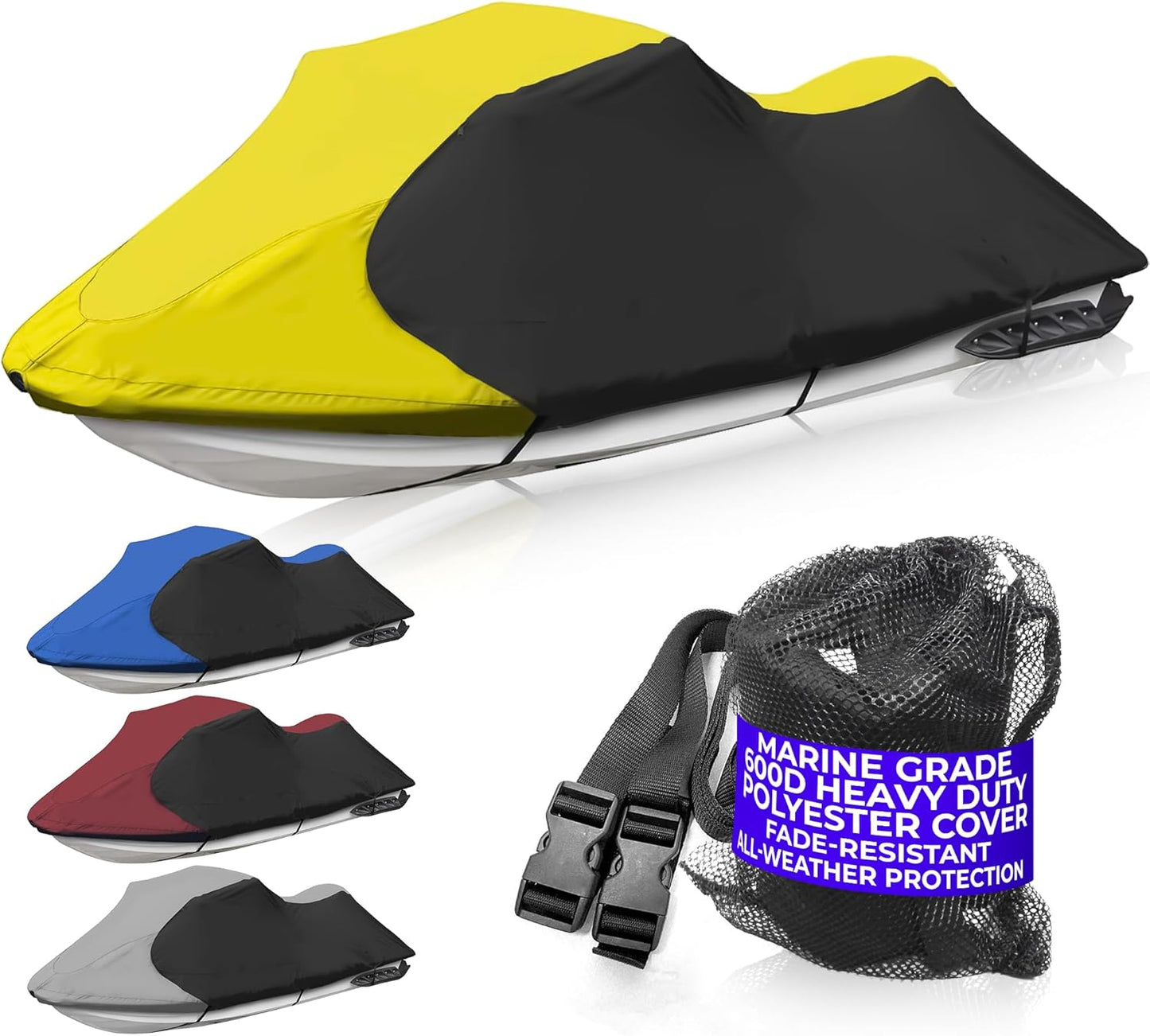 Trailerable Jet Ski Cover, Waterproof Marine Grade 600D Heavy Duty Polyester PWC Cover Yellow/Black Fits from 136"-145" 3 Seater