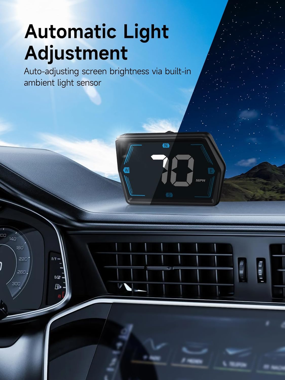 Moman Car HUD Digital Speedometer for Car Head Up Display KM/H MPH Compass Direction USB Cable Plug & Play Over Speed Alert for All Vehicle