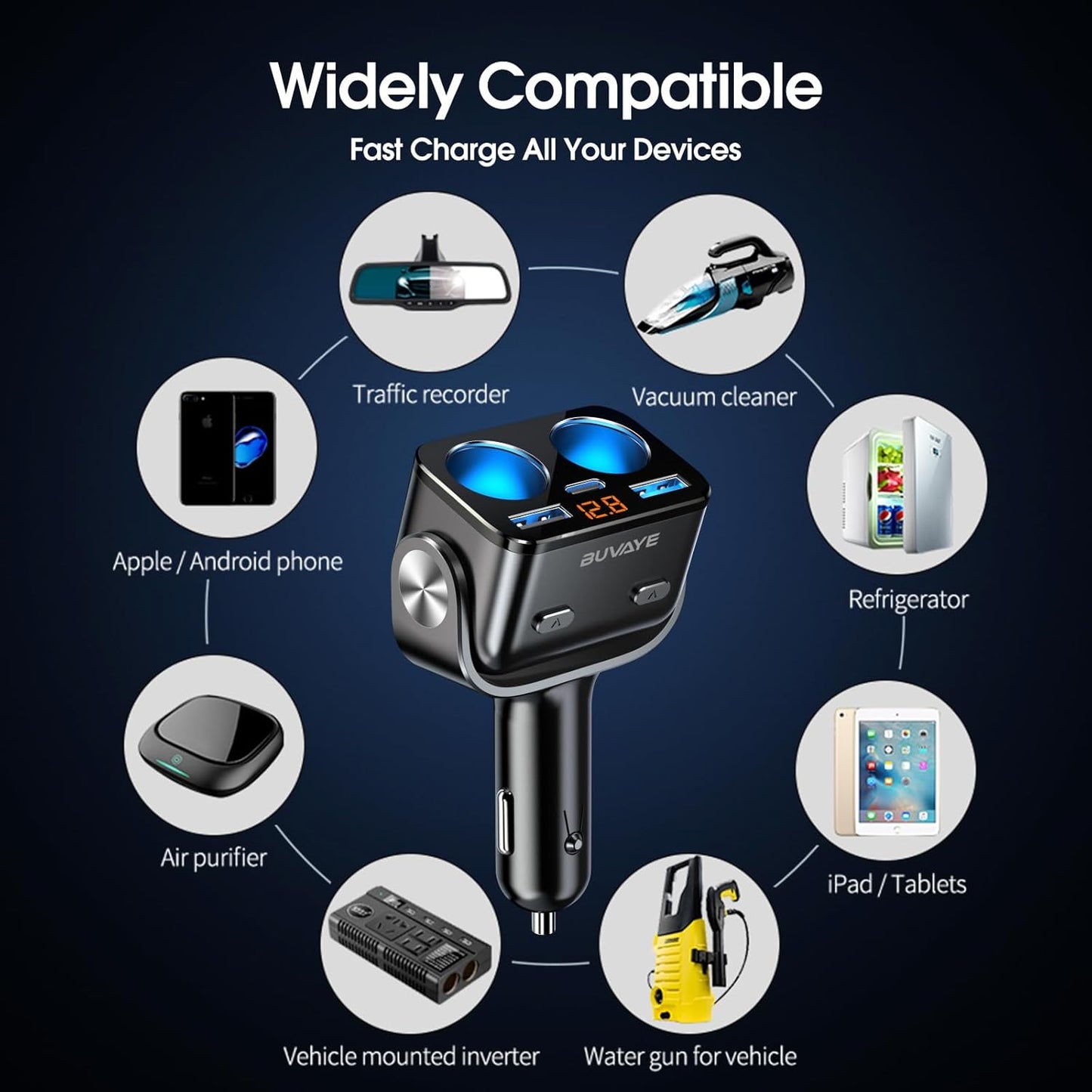 Car Cigarette Lighter Splitter, BUVAYE 12V/24V Dual Cigarette Lighter Adapters for Cars 2-Socket Car Charger Adapter for iPhone/iPad/GPS/Dash Cam/Laptop