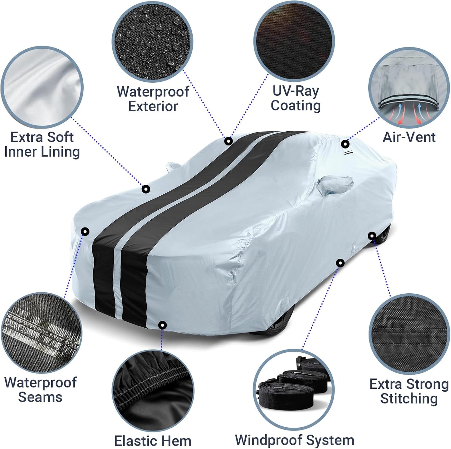 iCarCover Custom Car Cover for Pontiac G8 Sedan (2008-2009) Waterproof All-Weather Rain Snow UV Sun Protector Full Exterior Indoor Outdoor Car Cover (Stripe - Gray/Black)