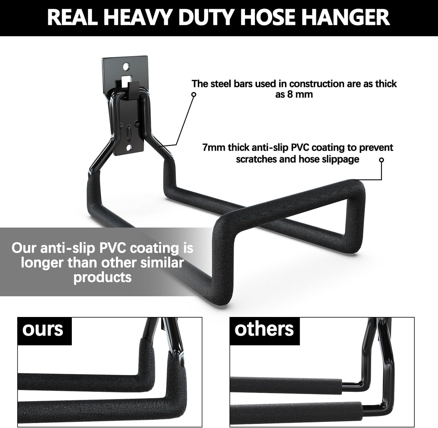3-H Garden Hose Holder Wall Mount 2 Pack,Solid Steel Hose Hanger wih Extension Strap,Water Hose Holders for Outside to Hang Outdoor Air Hose,Ropes,Pipes,Power Tools,Ladders,Bikes,Bulk Items