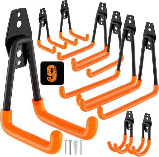 QcoQce 9 Pack Heavy Duty Hooks, Garage Wall Storage for Hanging and Organizing Tools, Bikes, Ladders, Ropes, Garden Tools and Bulky Items (Orange)