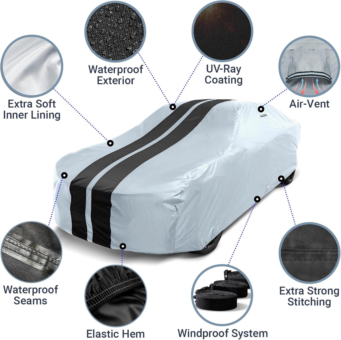 iCarCover Custom Car Cover for Pontiac Chieftain (1949-1954) Waterproof All-Weather Rain Snow UV Sun Protector Full Exterior Indoor Outdoor Car Cover (Stripe - Gray/Black)