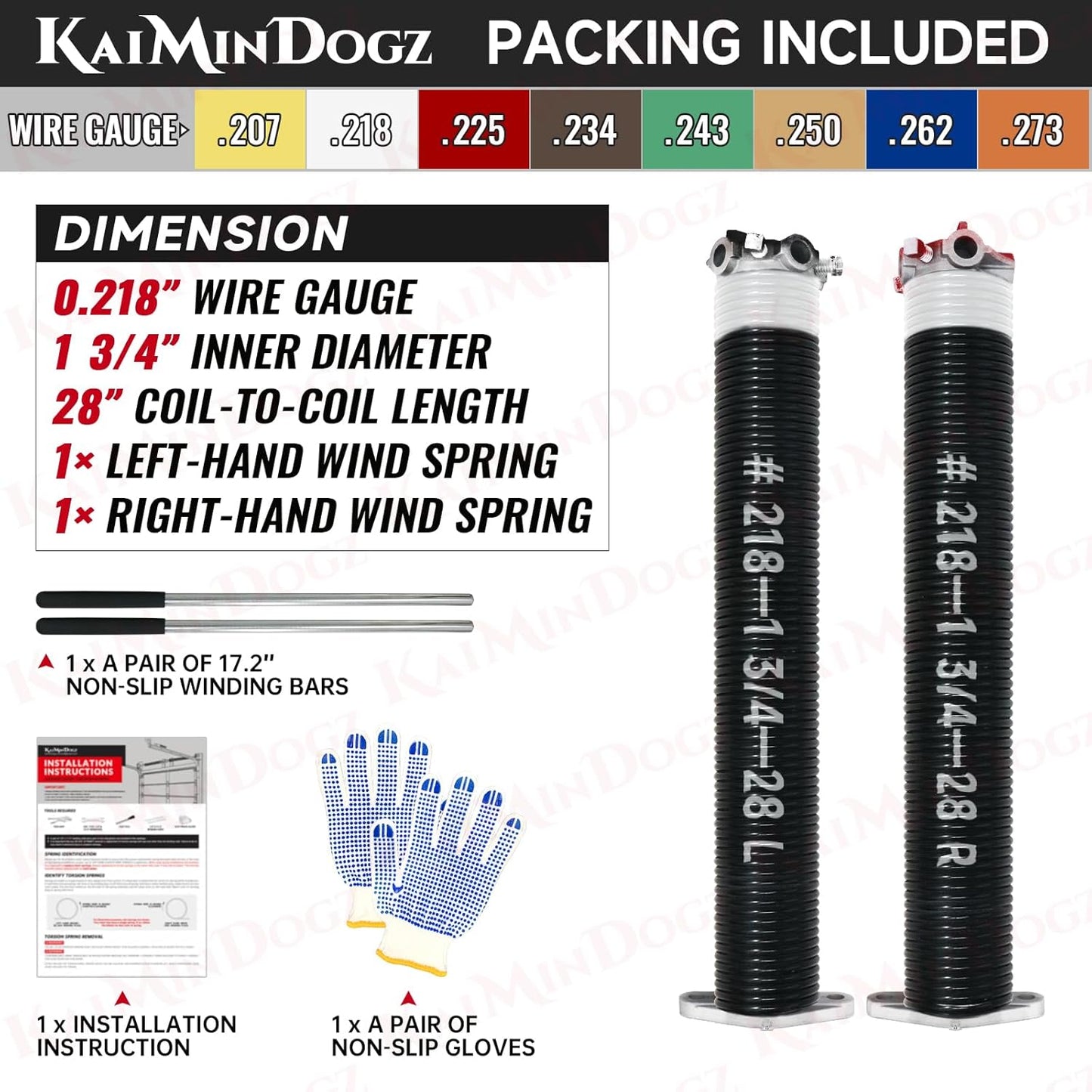 Pair of 1.75" Garage Door Torsion Springs Set with Non-Slip Winding Bars&Gloves, High Precision Electrophoresis Oil-Free Black Coated for Replacement, MIN 16,000 Cycles (0.218 x 1.75"x 28")