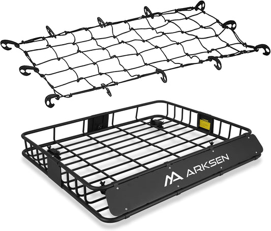 ARKSEN 43 x 50 x 6 Inch Universal Extra Wide 150LB Heavy Duty Roof Rack Cargo with Cargo Net, Car Top Luggage Holder Carrier Basket for SUV, Truck, & Car Steel Construction