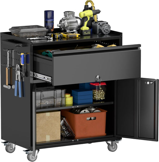Metal Garage Storage Cabinet with Wheels and Pegboard, 35.4" H Lockable Tool Storage Cabinet with One Drawer, Adjustable Shelf and 4 Hooks for Garage, Warehouse, Black