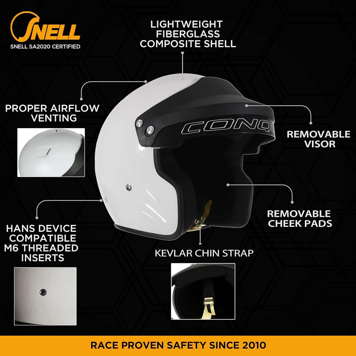 Conquer Snell SA2020 Approved Open Face Auto Racing Race Car Helmet - Adult | Men | Women | Youth - ( Black / White / Silver )