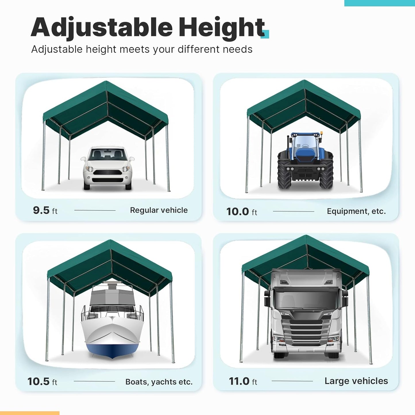 ADVANCE OUTDOOR Adjustable 10x15 ft Heavy Duty Carport Car Canopy Garage Boat Shelter Party Tent, Adjustable Height from 9.5 ft to 11 ft, Green
