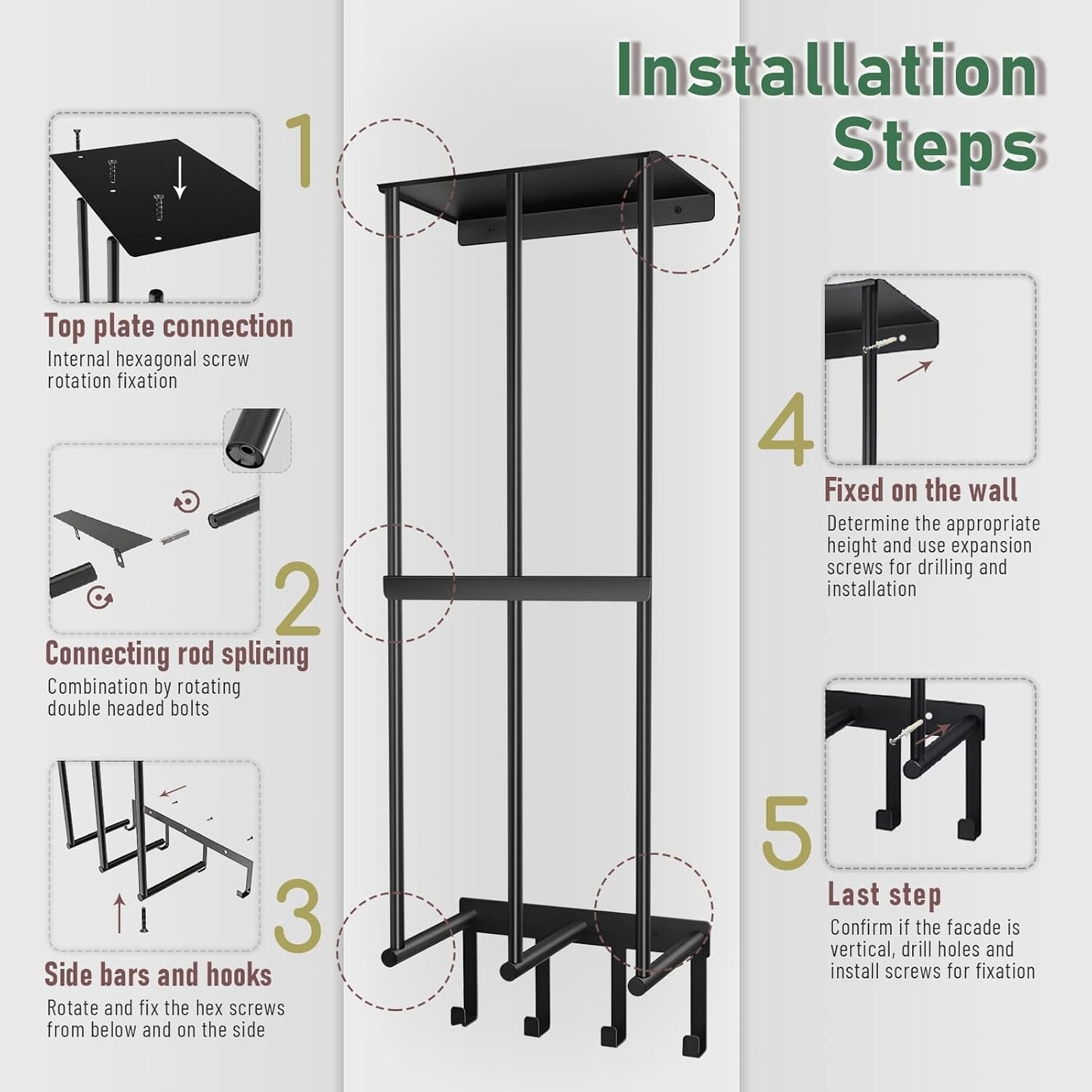 Camping Chair Wall Storage for Garage - Metal Beach Lawn Chair Rack, Garage Storage and Organization Shelves, Wall Mounted Umbrella Storage Rack Holder with Floating Shelf and 4 Hooks Black