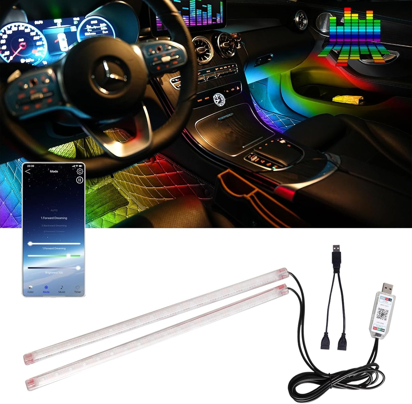 Upgrade Smart USB Dream Color Interior Car LED Strip Light with App Control, RGB Multi Color USB 5V Neon Atmosphere Ambient Night Strip Light Decorative Lamp for Cars with Music and DIY Mode(D36LEDs)